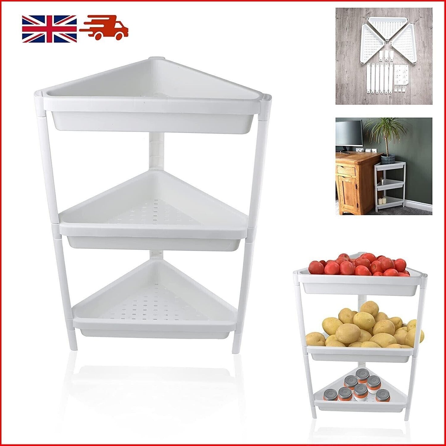 3 Tier Plastic Corner Shelf Unit, Multipurpose Shelving Unit for Small Space