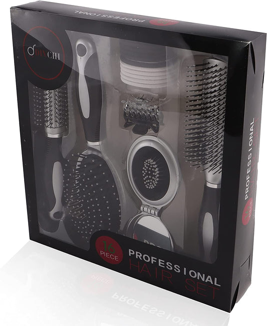 DIVCHI Professional 16 Piece Hair Care Kit Gift Set features Curling Brush Paddle Brush Styling Brush Butterfly Clips a Compact Brush Mirror and Hair Bands