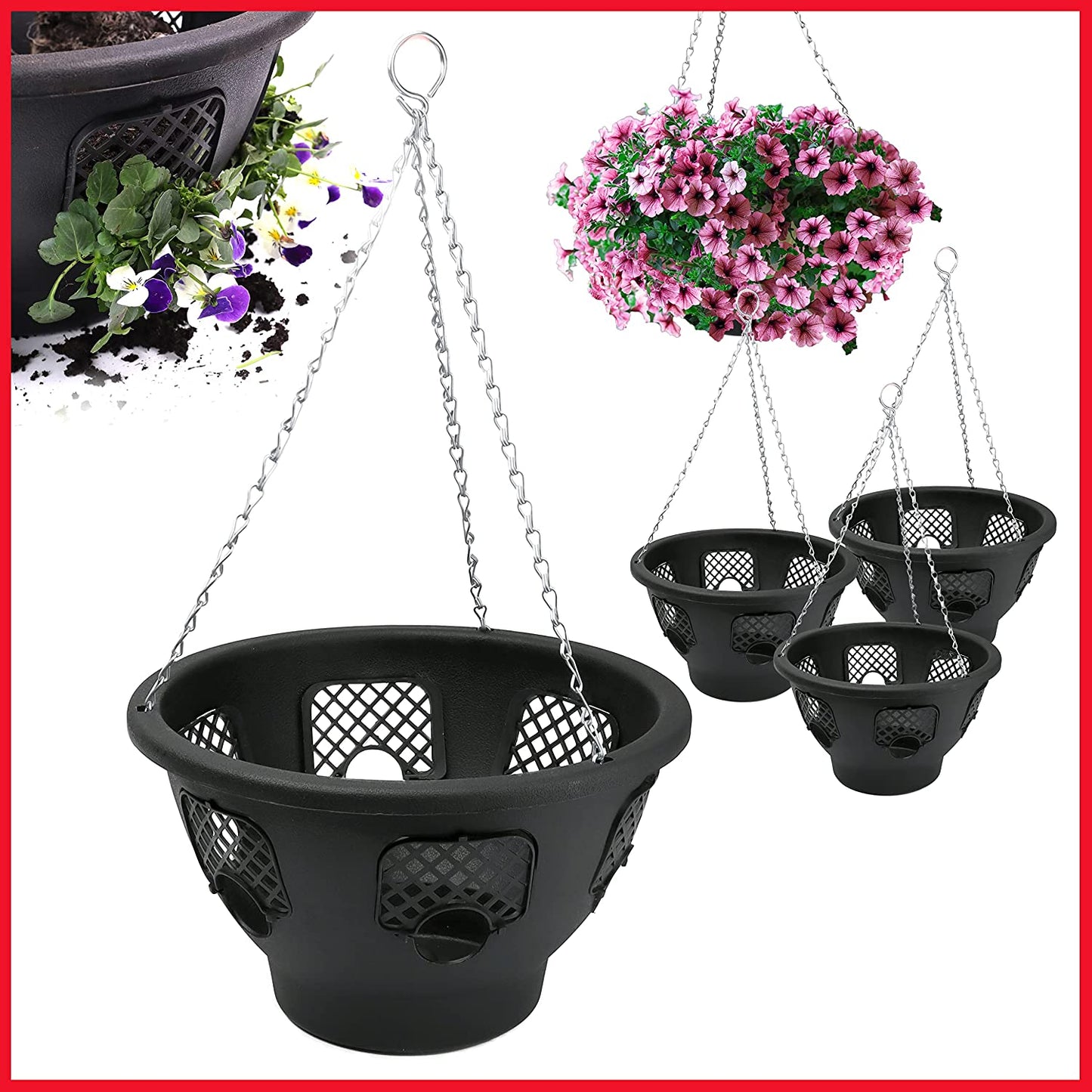 BLACK HANGING BASKETS FOR PLANTS FLOWERS GARDEN OUTDOOR HANGING 12 INCH