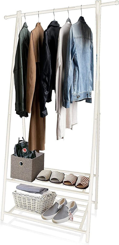 Portable Garment Rack On Wheels With Two Shelves Heavy Duty Wardrobe Storage