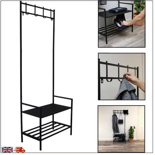 Metal Coat Rack 2-Tier with Bench and Shoe Storage With Free Standing Hall Tree