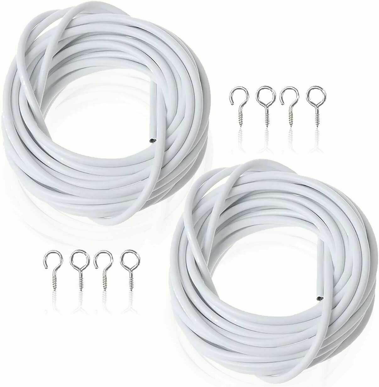 2M/3M/4M CURTAIN WIRE CORD CABLE WHITE WINDOW WITH HOOKS AND EYES