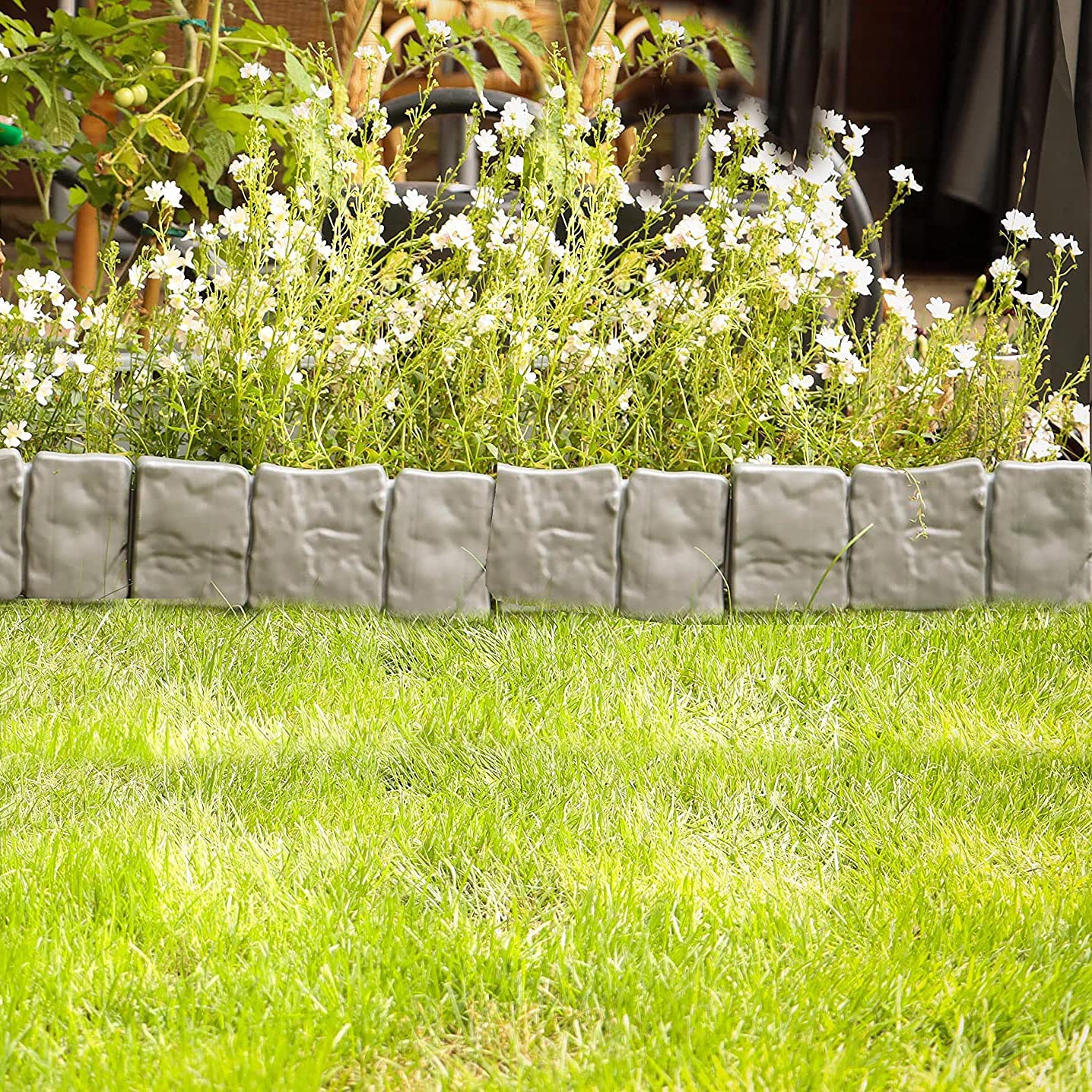 10x Grey Stone Effect Plastic Lawn Grass Edging Garden Plant Flower Bed Border