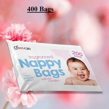 DIVCHI Baby Disposable Diaper Sacks Bags Dispenser Antibacterial Power Scented Nappy Disposal Bags Easy-Tie for Travel - 4 x 200 Pack (800 in Total)