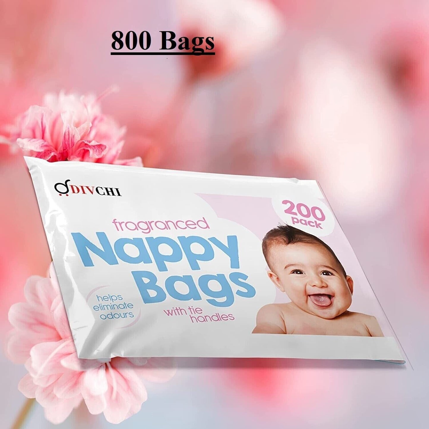 DIVCHI Baby Disposable Diaper Sacks Bags Dispenser Antibacterial Power Scented Nappy Disposal Bags Easy-Tie for Travel - 4 x 200 Pack (800 in Total)