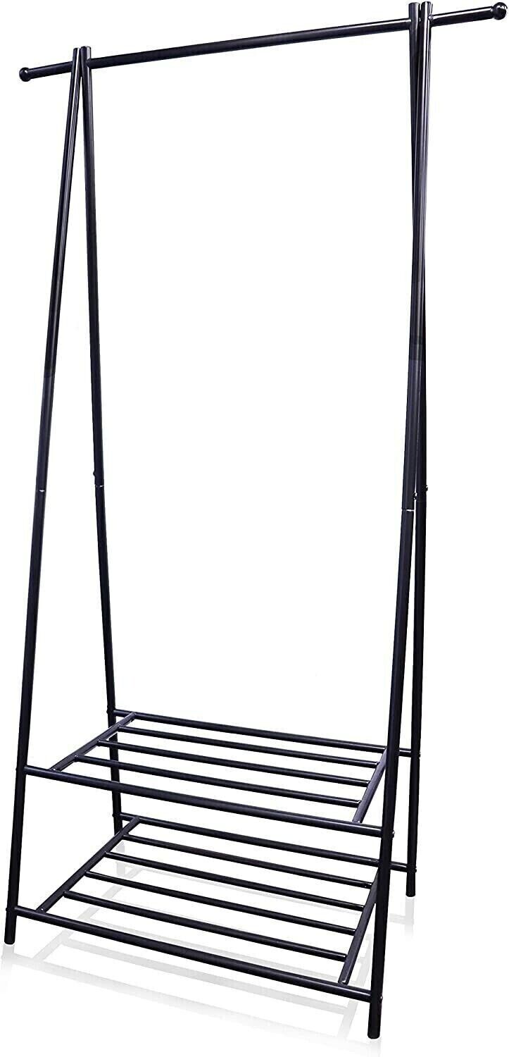 Portable Garment Rack On Wheels With Two Shelves Heavy Duty Wardrobe Storage