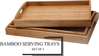 Pack of 3 Bamboo Serving Tray with Handles Rectangular Wooden Breakfast Tray Works for Eating, Working, Storing, Used in Bedroom, Kitchen, Living Room, Bathroom, Hospital and Outdoors